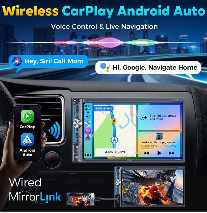 P.L.Z. MP-902W 7 Inch Double Din Car Stereo With Wireless Apple CarPlay & Android Auto