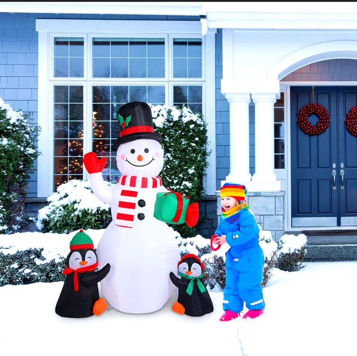 Coolmade 6 ft Inflatable Snowman with Two Penguins and Present.