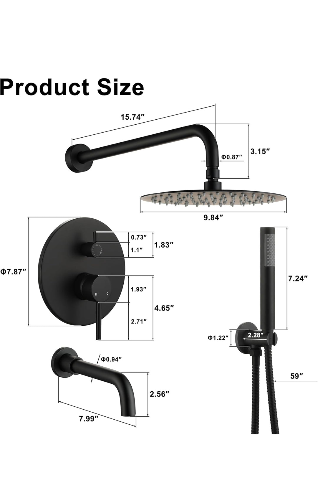 Clihome Black Shower System Set 10 Inch with Tub Spout