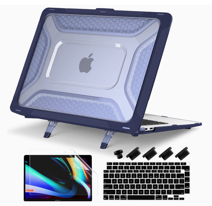 DONGKE Heavy Duty Rugged Shockproof Fold Kickstand Case for MacBook Air 13 Inch Case A2337 M1 A2179 A1932 (2021-2018) - Navy