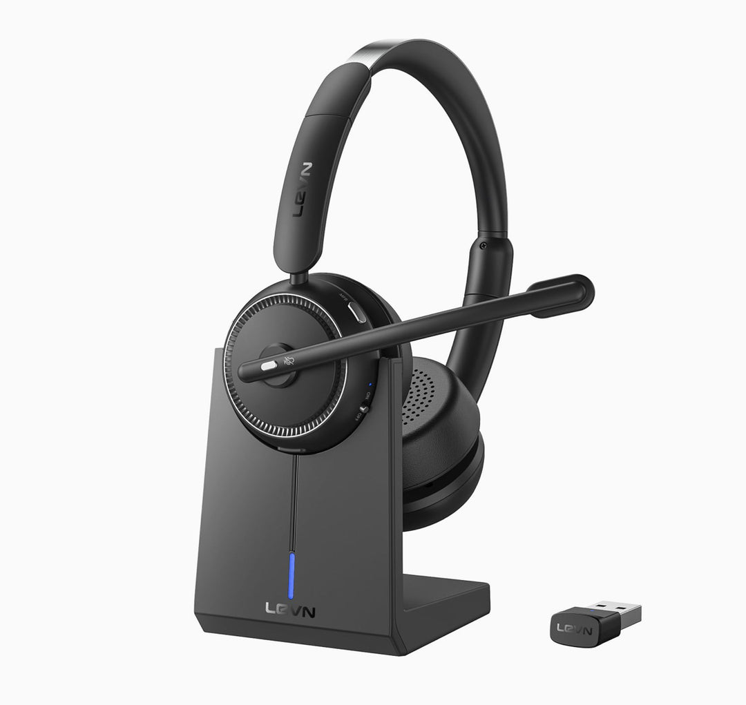 LEVN [2024 Version] Wireless Headset with Mic for Work, Bluetooth Headset with Microphone (AI Noise Cancelling)