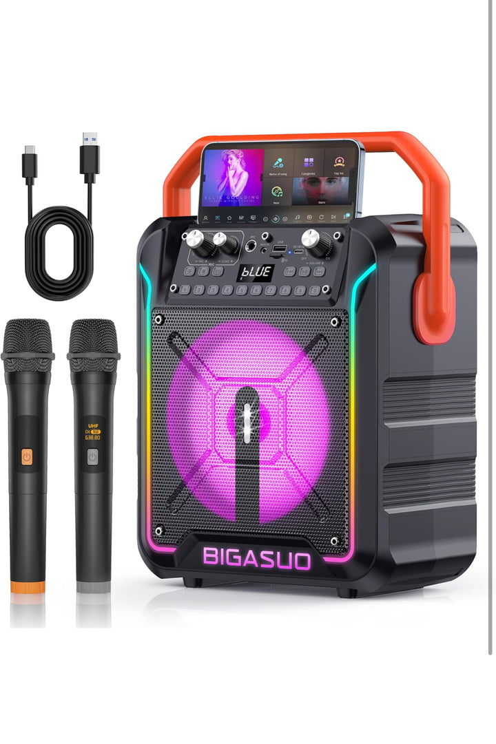 BIGASUO Portable Bluetooth Karaoke Speaker with Two Wireless Microphones