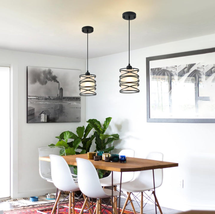 Fisgoni Matte Black Spiral Cage and Handblown Frosted Haze Glass Pendant Light Fixture