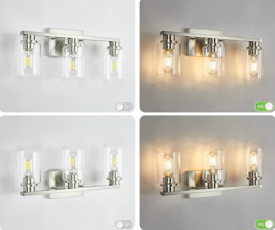 Atocif 3 Light Bathroom Vanity Light, Brushed Nickel Bathroom Light Fixture with Clear Glass Shade