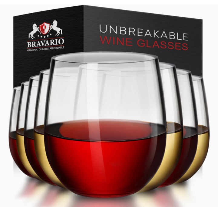 Bravario Unbreakable Stemless Plastic Wine Glasses | Reusable | Shatterproof 100% Tritan Plastic | Dishwasher-Safe | BPA-free | Awesome for Indoor & Outdoor | 16 oz, Set of 8