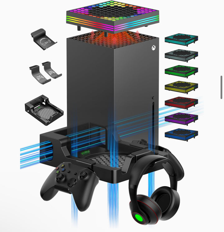 Zaonool Wall Mount with RGB Cooling Fan for Xbox Series X - includes 4 Controller Holders and 2 Headphone Stands