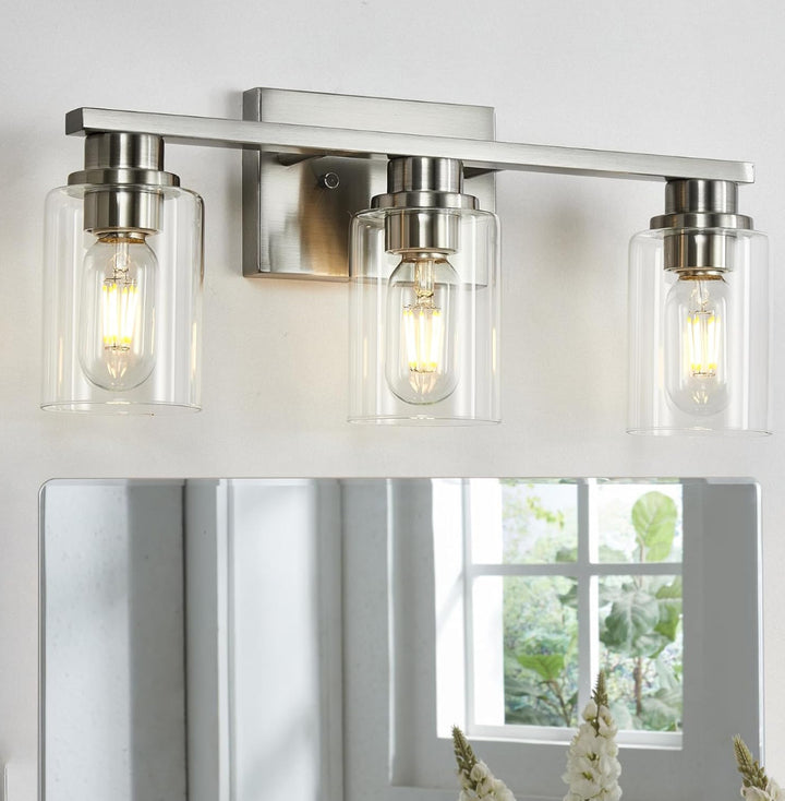 Atocif 3 Light Bathroom Vanity Light, Brushed Nickel Bathroom Light Fixture with Clear Glass Shade