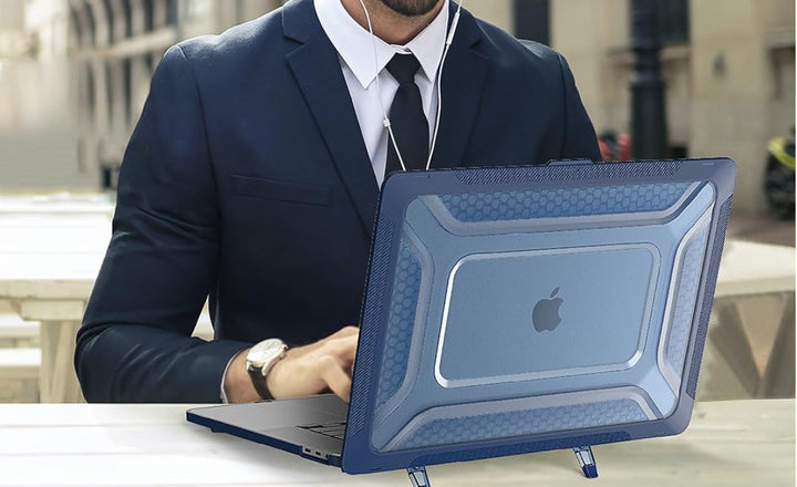 DONGKE Heavy Duty Rugged Shockproof Fold Kickstand Case for MacBook Air 13 Inch Case A2337 M1 A2179 A1932 (2021-2018) - Navy