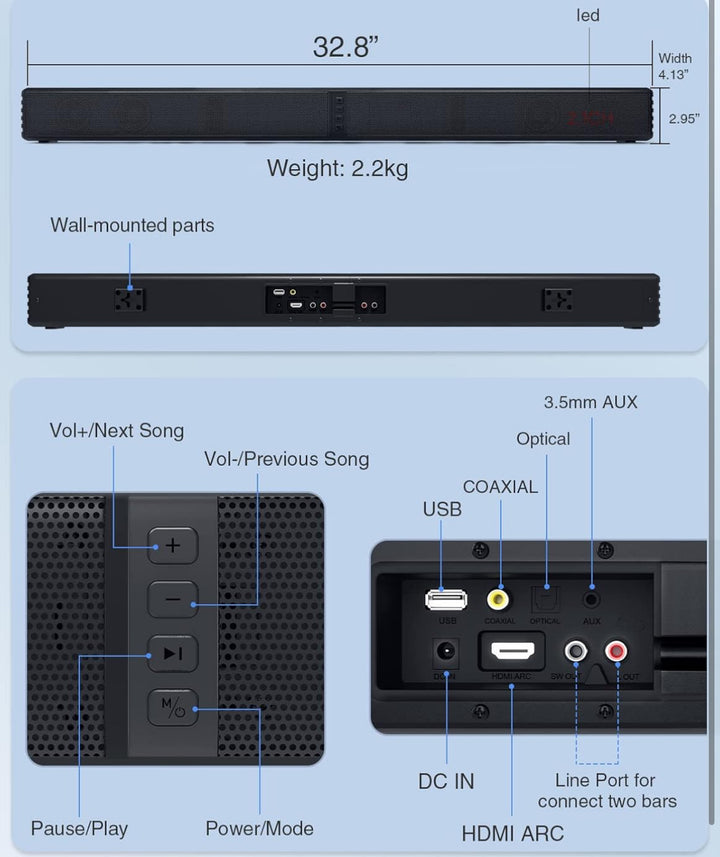 Puxinat 2 in 1 Separable Sound Bar for Smart TV, 2.2 Channel 32Inch Bluetooth