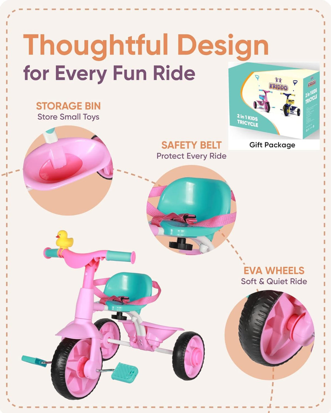 KRIDDO 2 in 1 Kids Tricycles