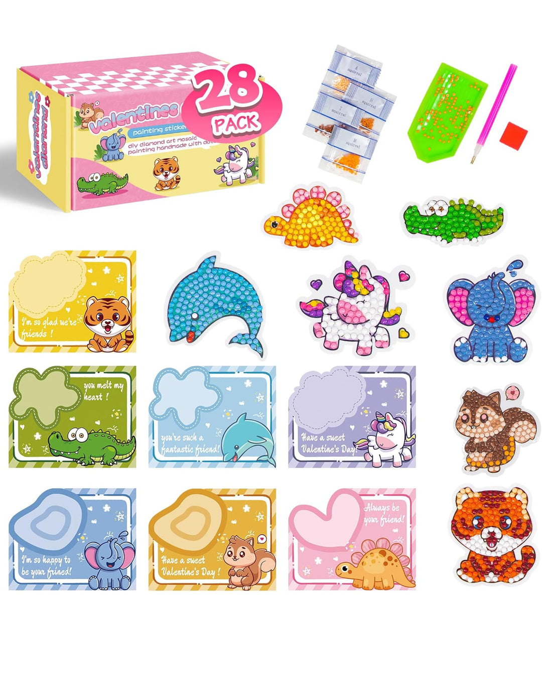 VOOADA Valentines Day Cards for Kids, 28 Pack Animal Buddies Diamond Art Stickers Craft Kit