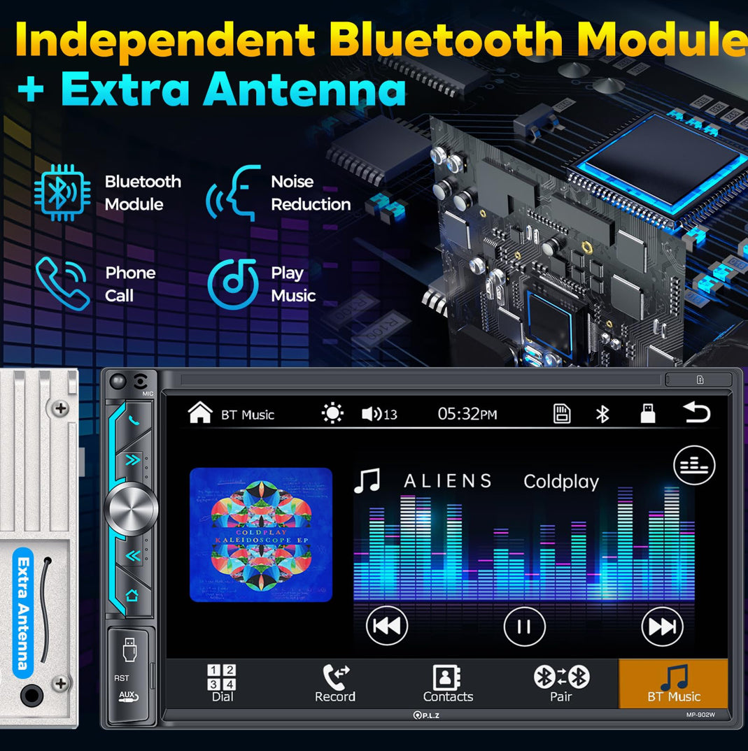 P.L.Z. MP-902W 7 Inch Double Din Car Stereo With Wireless Apple CarPlay & Android Auto