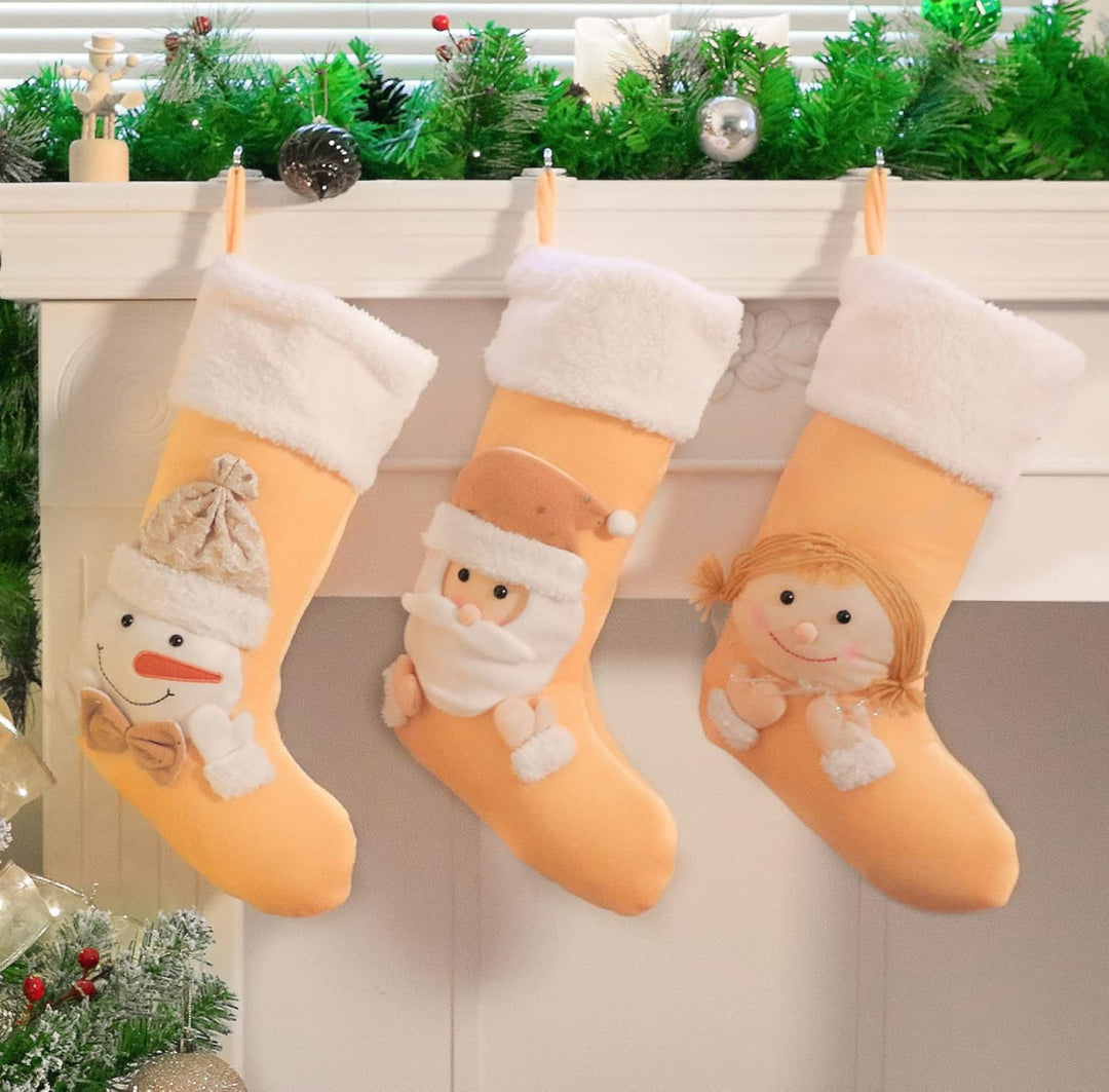 Hopearl 3 Pcs Christmas Stockings Kit Cute Socks with Girl Snowman Father Christmas Ornament Gifts Bags for Family Xmas Tree Party Supplies, Beige, 19''