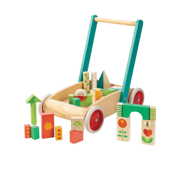 Tender Leaf Toys Baby Block Wooden Walker - Includes 29 Garden Themed Wooden Toy Blocks