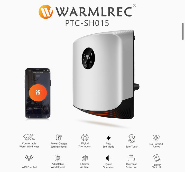 Warmlrec Space Heater for Indoor Use Wall Mounted with WIFI/Remote,1500W Portable Heater Fast Heating with Adjustable Thermostat