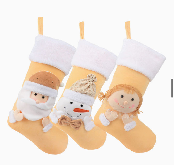 Hopearl 3 Pcs Christmas Stockings Kit Cute Socks with Girl Snowman Father Christmas Ornament Gifts Bags for Family Xmas Tree Party Supplies, Beige, 19''