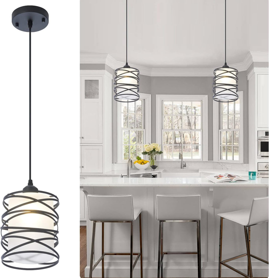 Fisgoni Matte Black Spiral Cage and Handblown Frosted Haze Glass Pendant Light Fixture