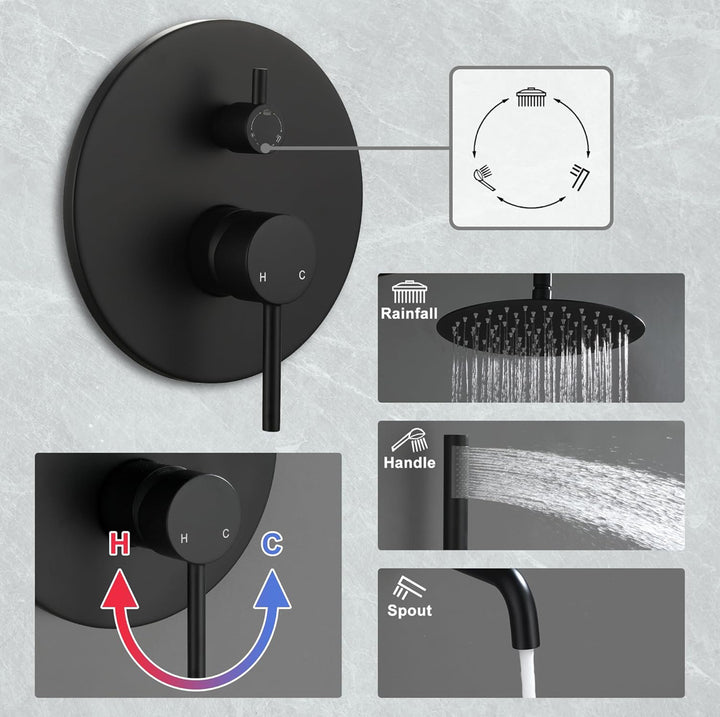 Clihome Black Shower System Set 10 Inch with Tub Spout