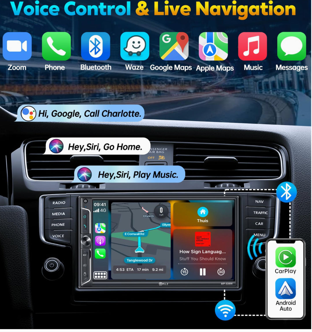 P.L.Z. MP-926W 7 Inch Double Din Car Stereo With Wireless Apple CarPlay & Android Auto