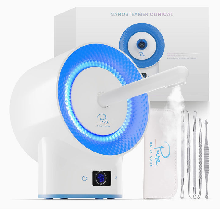 Pure Daily Care NanoSteamer Clinical - 10-in-1 Smart Steam Dermatologist Grade Ionic Facial Steamer with 2 Multi-Position Steam Nozzles