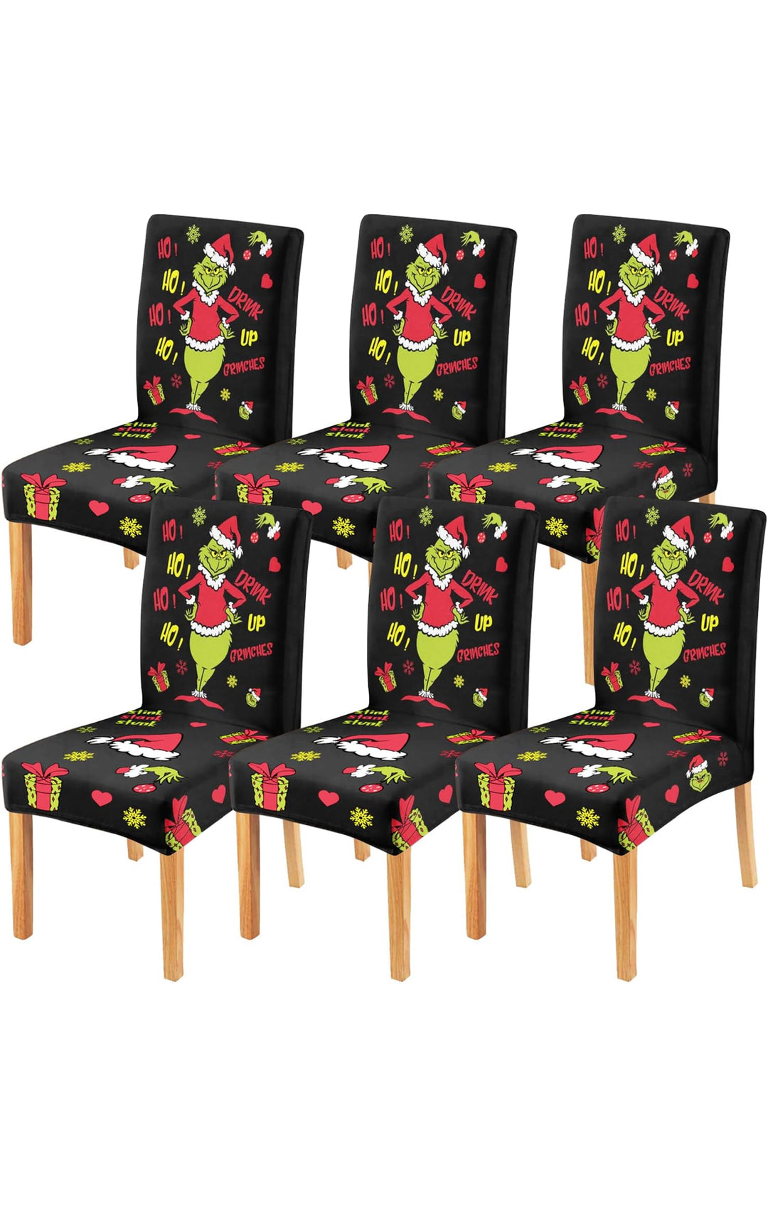 Cowmrqe Christmas Chair Covers Set of 6, Black Grinch Dining Chair Slipcovers