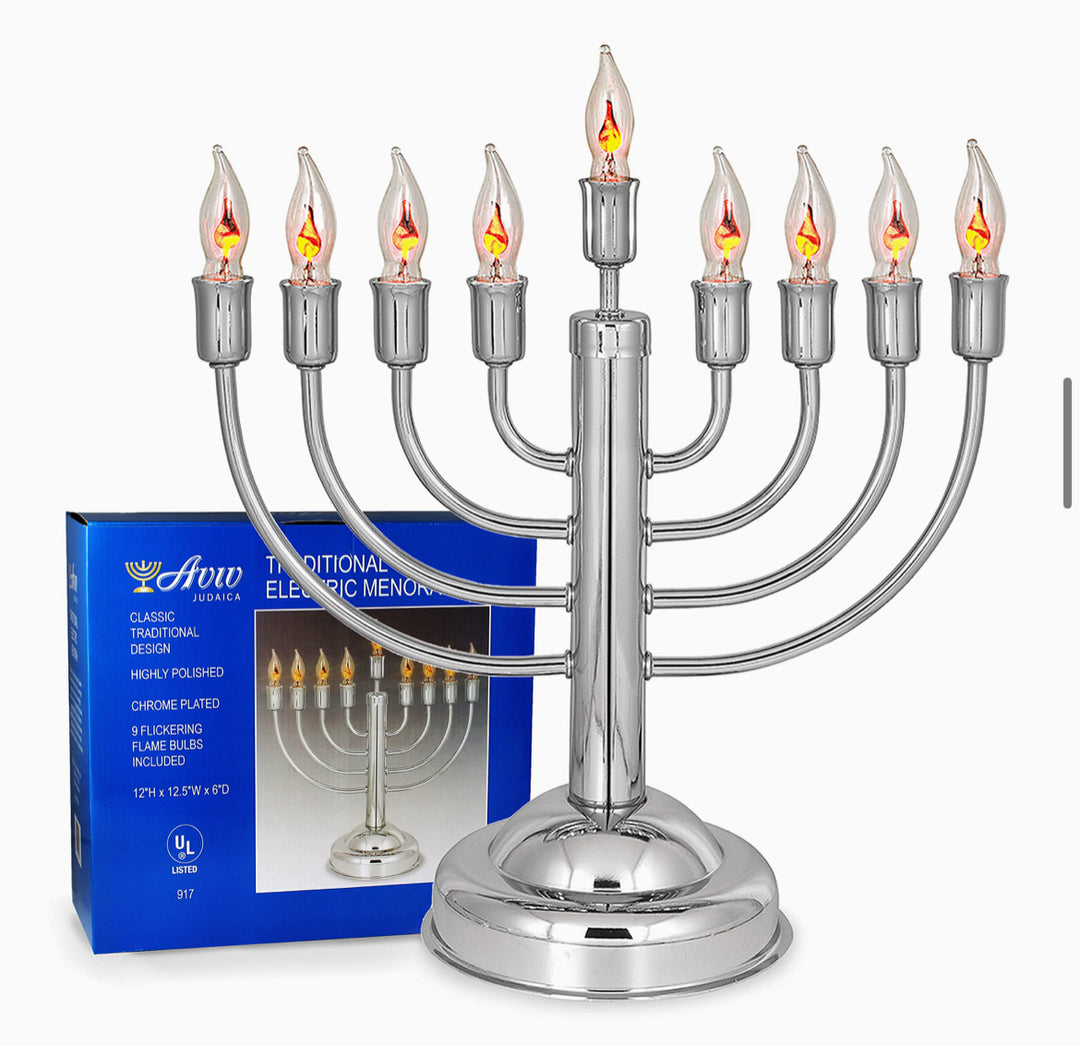 Aviv Judaica Classic Electric Hanukkah Menorah - Includes 9 Flickering Bulbs, Round Base