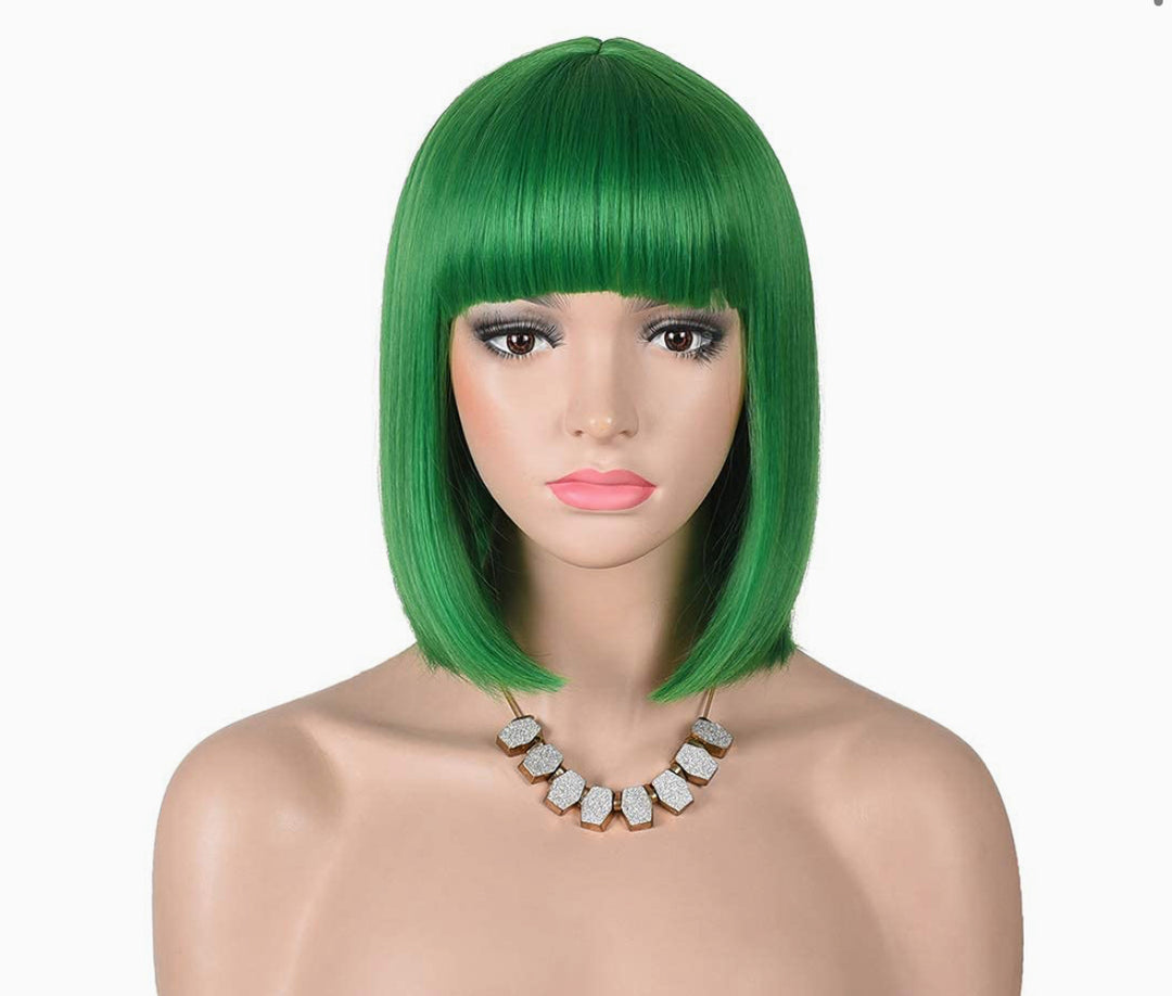 Fannica Short Straight Bob Wigs With Bangs Full Heat Resistant Hair Wig for Women's Cosplay (Green)