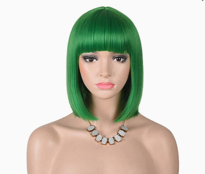 Fannica Short Straight Bob Wigs With Bangs Full Heat Resistant Hair Wig for Women's Cosplay (Green)