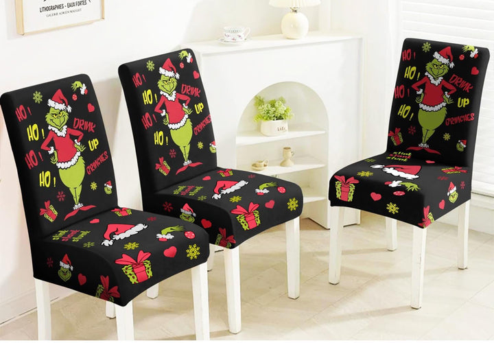 Cowmrqe Christmas Chair Covers Set of 6, Black Grinch Dining Chair Slipcovers