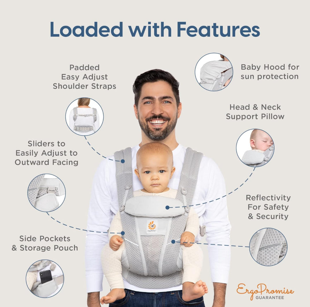 Ergobaby All Carry Positions Breathable Mesh Baby Carrier with Enhanced Lumbar Support & Airflow (7-45 Lb), Omni Breeze, Pearl Grey