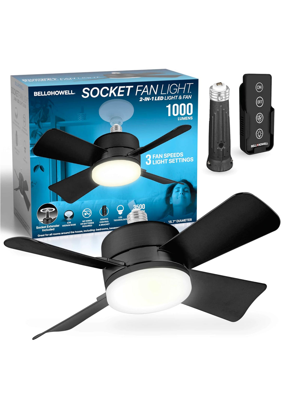 Bell + Howell Socket Fan Light with Remote, Black Ceiling Fans with Lights