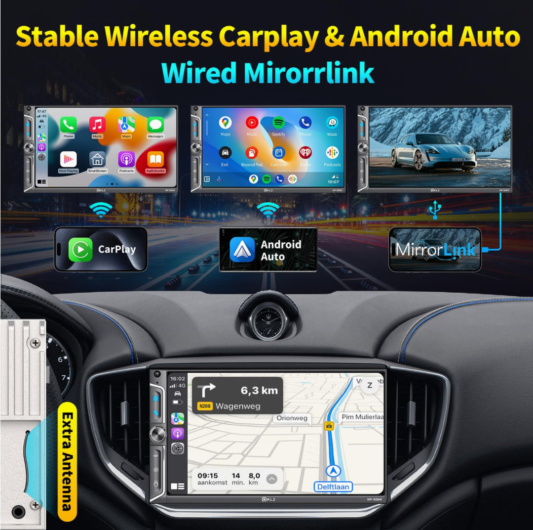 P.L.Z. MP-926W 7 Inch Double Din Car Stereo With Wireless Apple CarPlay & Android Auto