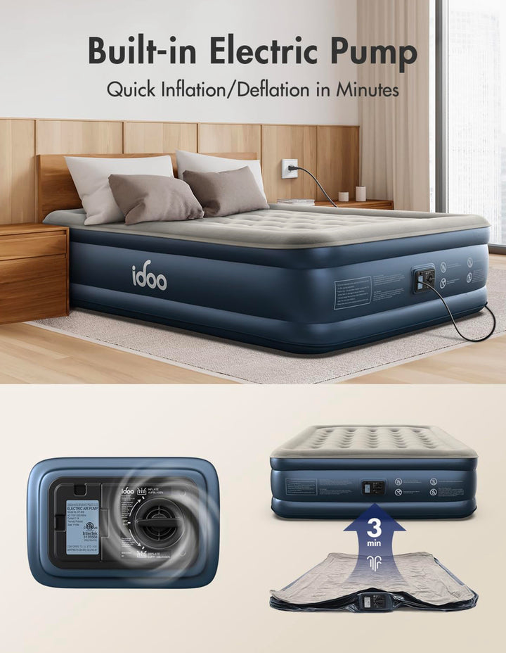 iDOO Queen Air Mattress with Built in Pump, 18 Raised Comfort Blow up Mattress, Upgraded Four Chamber Airbed, Inflatable Mattress for Guests and Home, colchon inflable, Air Bed, 650 lbs Max