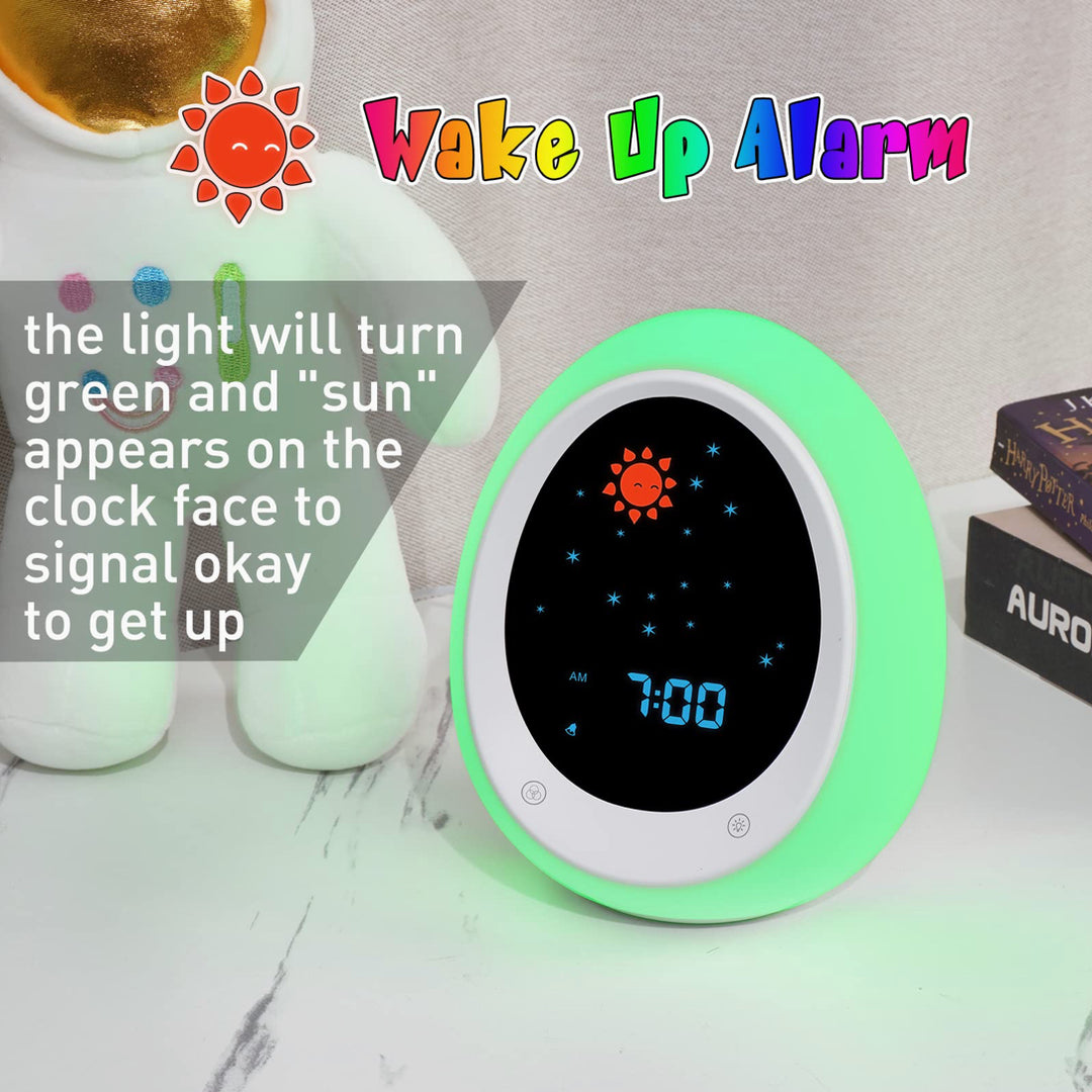 Butting Kids Alarm Clock, Toddler Sleep Training Clock with OK to Wake and Sound Machine