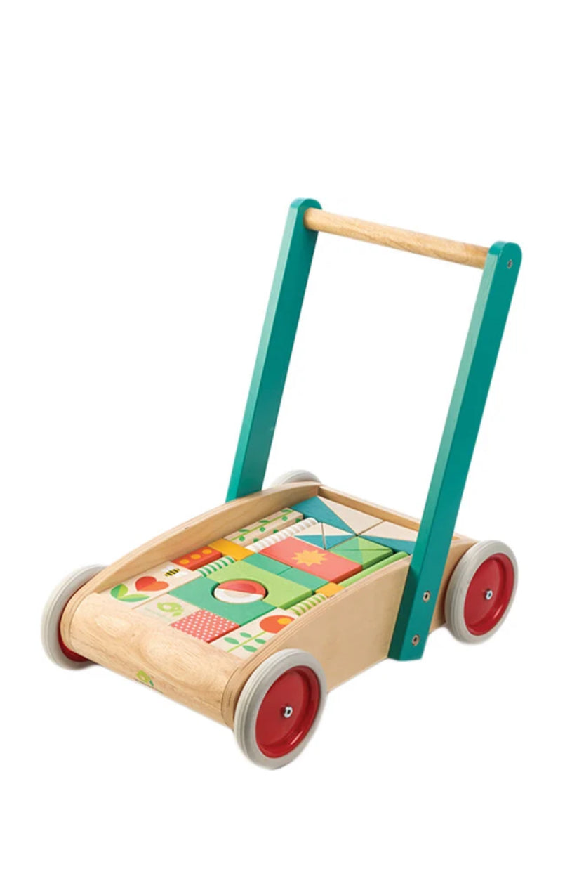 Tender Leaf Toys Baby Block Wooden Walker - Includes 29 Garden Themed Wooden Toy Blocks