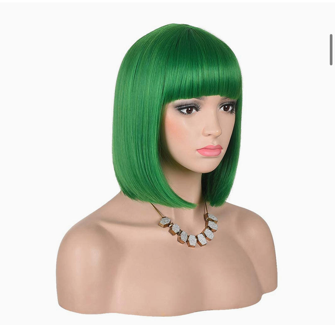 Fannica Short Straight Bob Wigs With Bangs Full Heat Resistant Hair Wig for Women's Cosplay (Green)