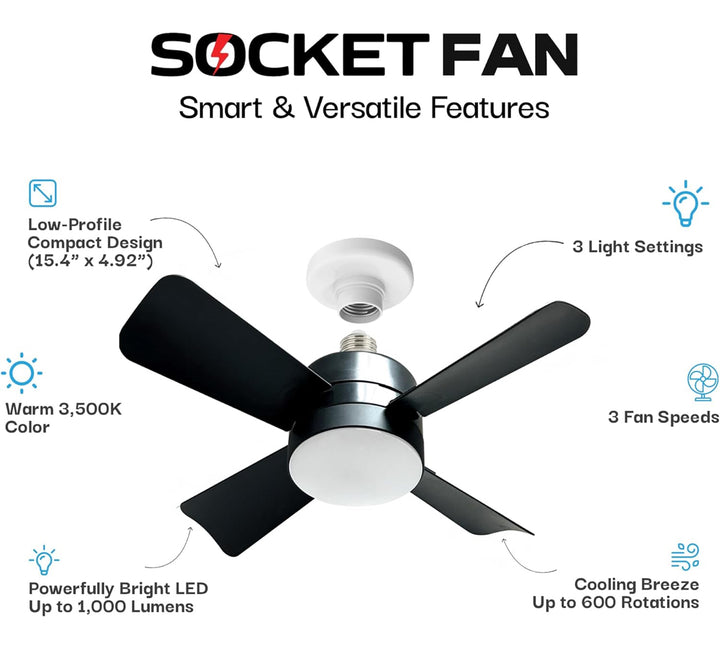 Bell + Howell Socket Fan Light with Remote, Black Ceiling Fans with Lights