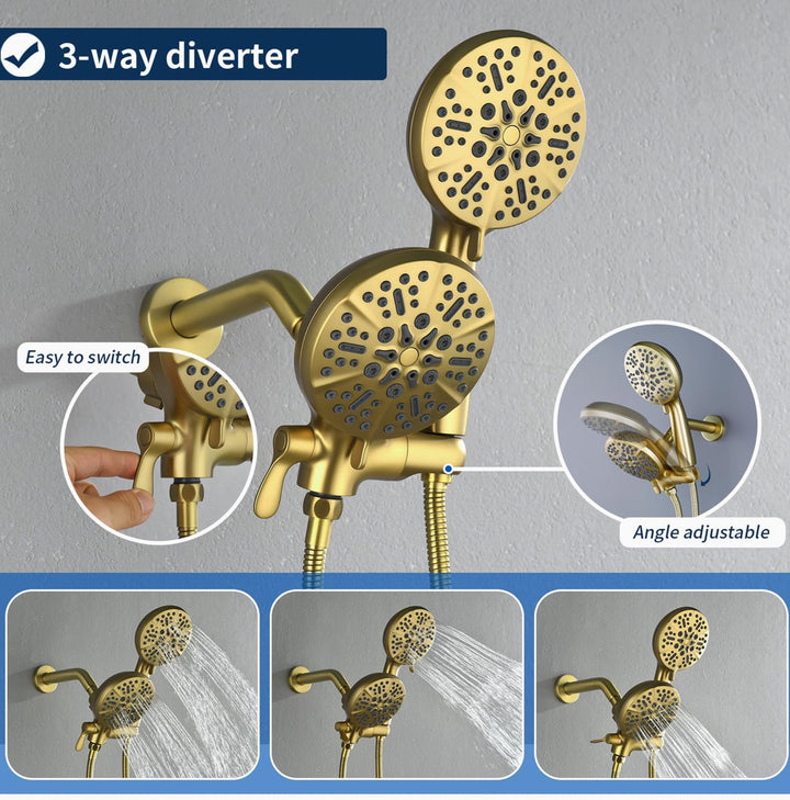 Difeini 2 Handle Shower Faucet System Complete 2 in 1 Shower Combo Set Brushed Gold