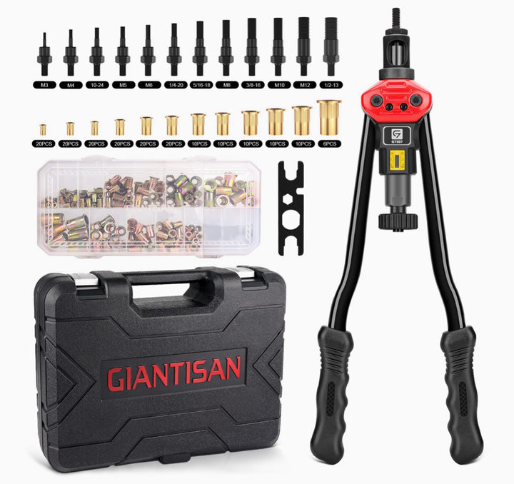 Giantisan 16-Inch Rivnut Tool Kit with 12 Metric and SAE Mandrels, 176Pcs Rivet nut Assortment Kit