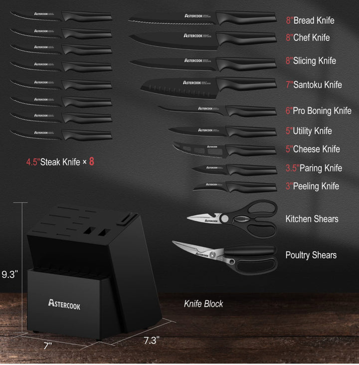 Astercook 21 Pieces Knife Sets for Kitchen with Block