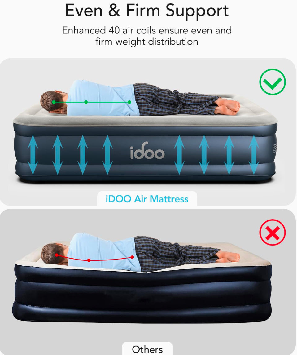 iDOO Queen Air Mattress with Built in Pump, 18 Raised Comfort Blow up Mattress, Upgraded Four Chamber Airbed, Inflatable Mattress for Guests and Home, colchon inflable, Air Bed, 650 lbs Max