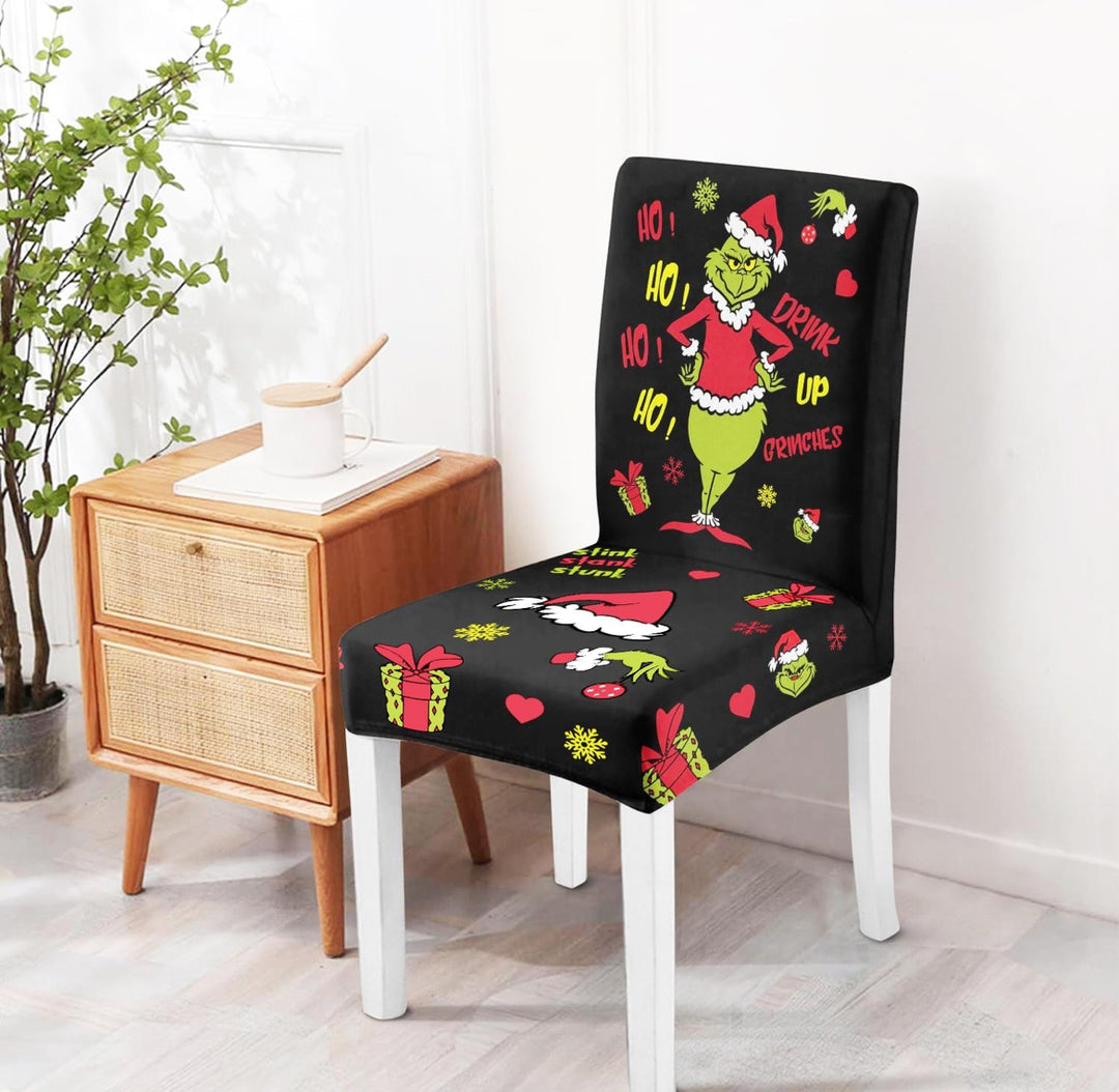 Cowmrqe Christmas Chair Covers Set of 6, Black Grinch Dining Chair Slipcovers