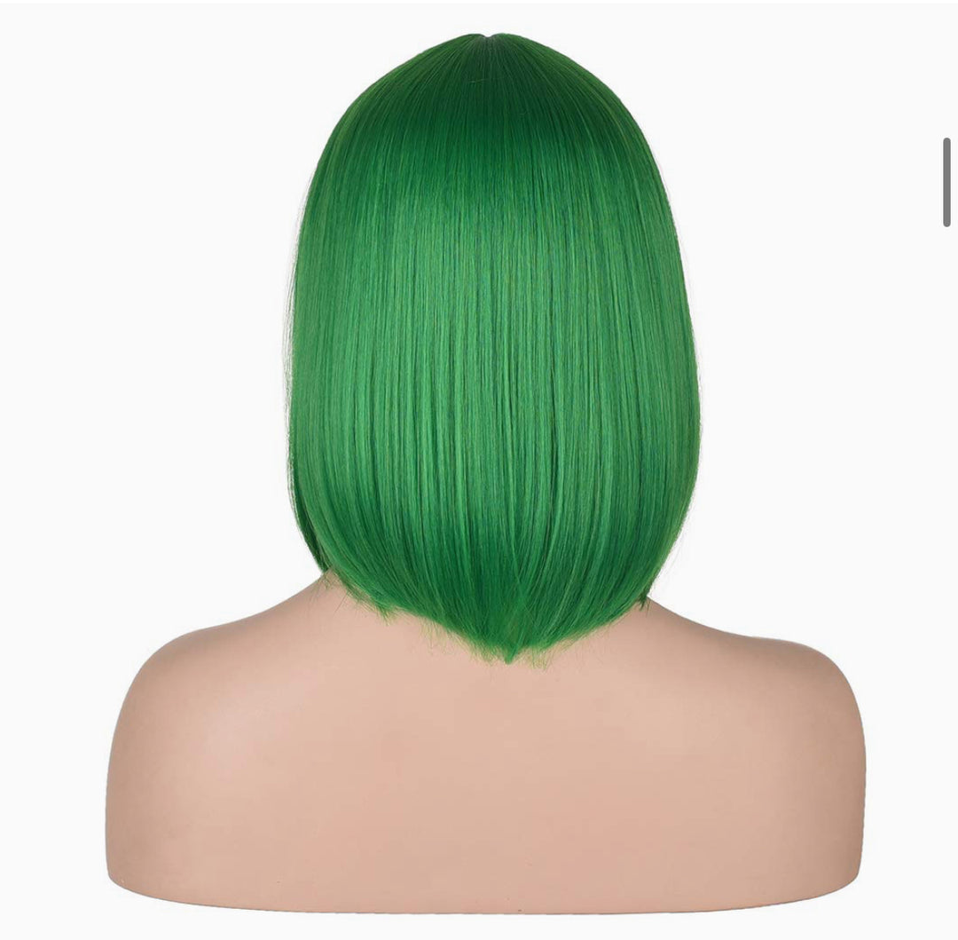 Fannica Short Straight Bob Wigs With Bangs Full Heat Resistant Hair Wig for Women's Cosplay (Green)