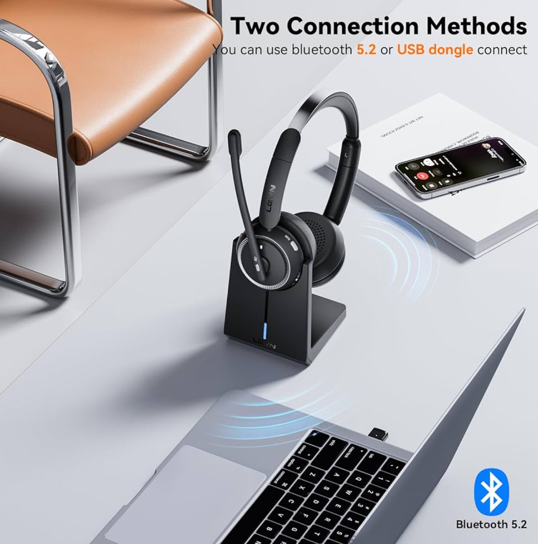 LEVN [2024 Version] Wireless Headset with Mic for Work, Bluetooth Headset with Microphone (AI Noise Cancelling)