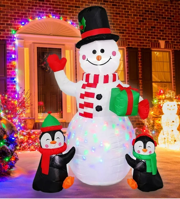 Coolmade 6 ft Inflatable Snowman with Two Penguins and Present.