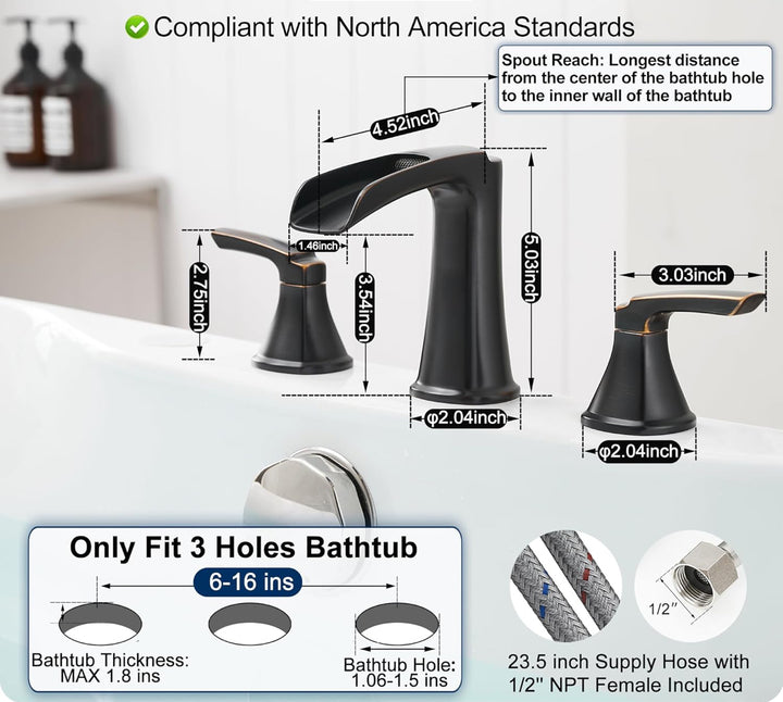 Hoigy Waterfall Roman Bathtub Faucet Oil Rubbed Bronze, Brass Bath Tub Faucet Set 3 Hole