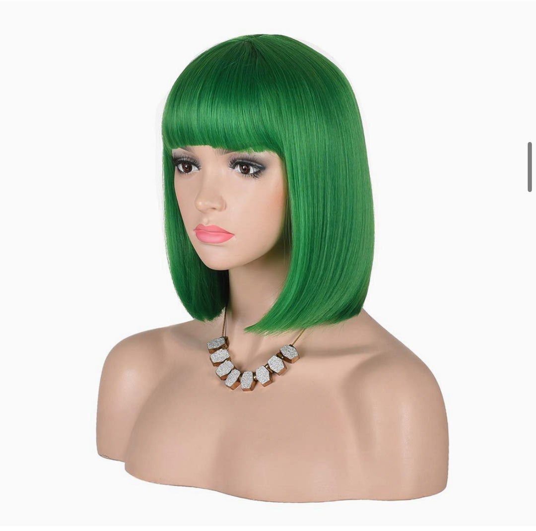 Fannica Short Straight Bob Wigs With Bangs Full Heat Resistant Hair Wig for Women's Cosplay (Green)