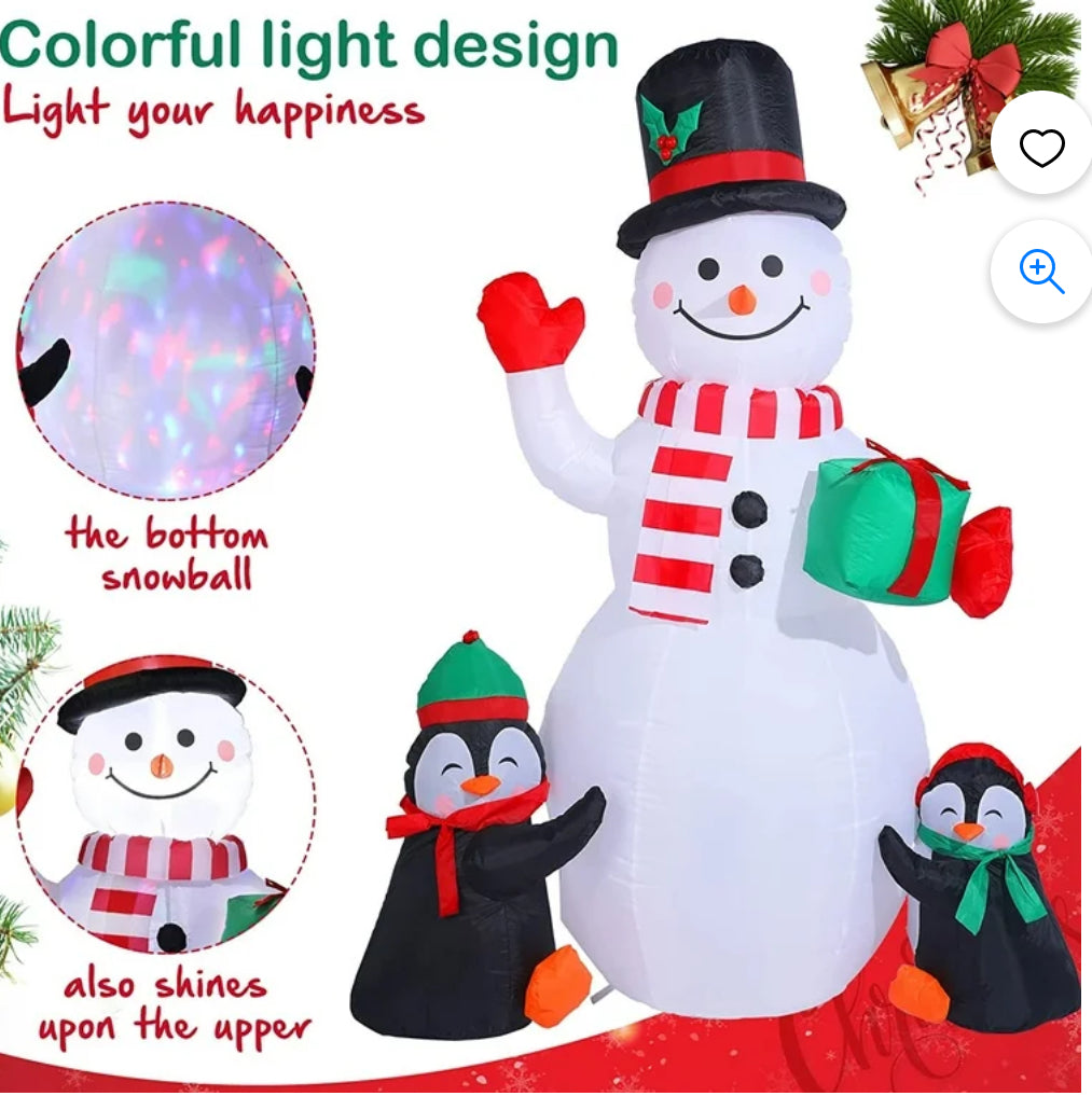 Coolmade 6 ft Inflatable Snowman with Two Penguins and Present.