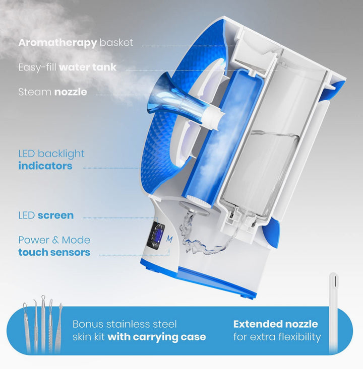 Pure Daily Care NanoSteamer Clinical - 10-in-1 Smart Steam Dermatologist Grade Ionic Facial Steamer with 2 Multi-Position Steam Nozzles